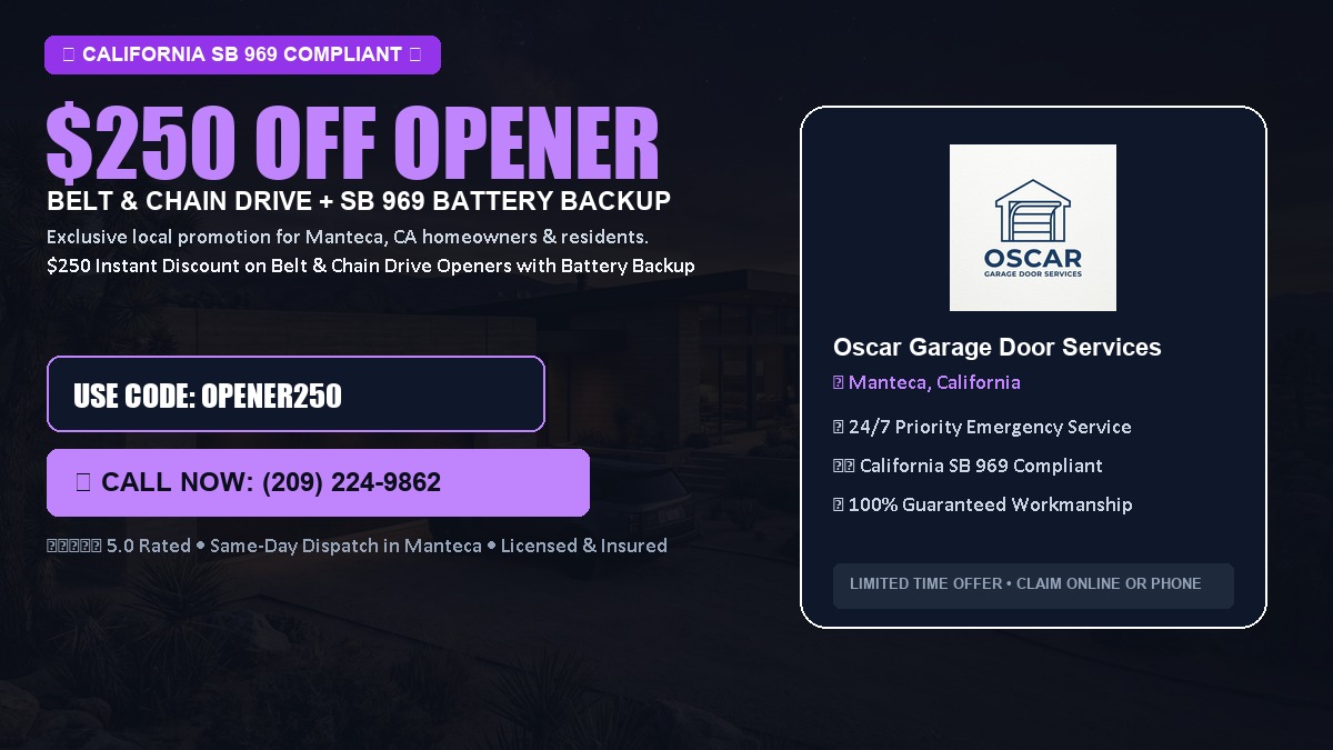 $250 OFF Smart Garage Door Opener Installation (Belt & Chain Drive with California SB 969 Battery Backup) in Manteca, CA